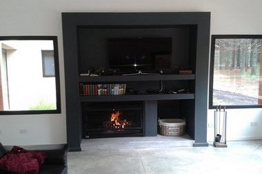 mueble conteniendo hogar y sistema de musica